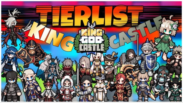 the image shows a bunch of pixel characters facing forward on an ombre blue and red background. In bold lettering it says TIER LIST. KING GOD CASTLE.