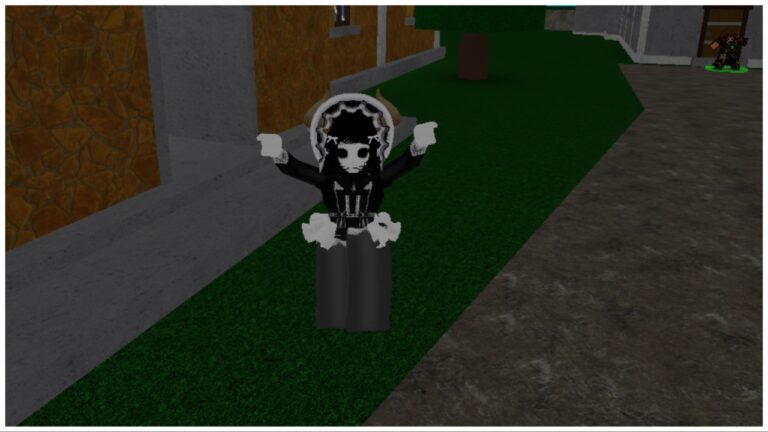 the image shows my avatar jumping for joy on a grass patch outside a home at night. Her arms are extended up in the air at either side of her head