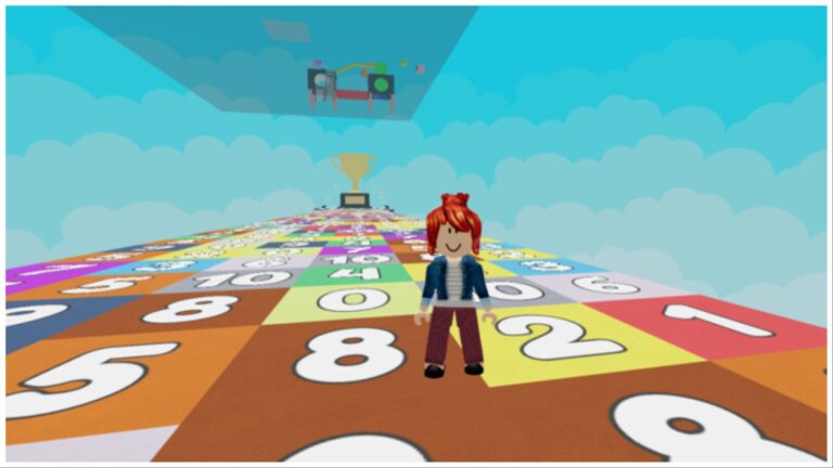 feature image for our math block race codes guide, the image features a screenshot of a roblox player standing on the number grid that stretches out to a large golden cup at the goal