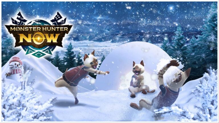 Monster Hunter Now cover photo featuring three cute cats playing in the snowy winter landscape.