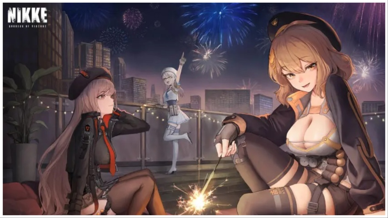 Goddess of Victory: Nikke poster showing three of the characters celebrating with fireworks at a New Year's party.