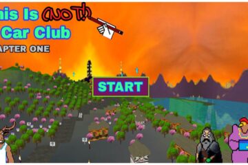 Cover picture from This Is (NOT!) A Car Club's first episode is pixel art of one of the scenes from the episode. A large START button in the centre obscures the background, which is an orange-hued sunset sitting atop trees and a grey surface. The game title is in the top left corner and looks to be drawn by a hand and pen. In the bottom left corner is a pixel bust shot of one of the game's characters.