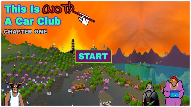 Cover picture from This Is (NOT!) A Car Club's first episode is pixel art of one of the scenes from the episode. A large START button in the centre obscures the background, which is an orange-hued sunset sitting atop trees and a grey surface. The game title is in the top left corner and looks to be drawn by a hand and pen. In the bottom left corner is a pixel bust shot of one of the game's characters.