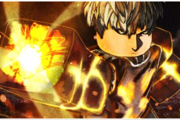 the image shows genos from OPM in a roblox style shroud in a yellow lighting as he extends his arm to the reader to fire off a projectile from his hand