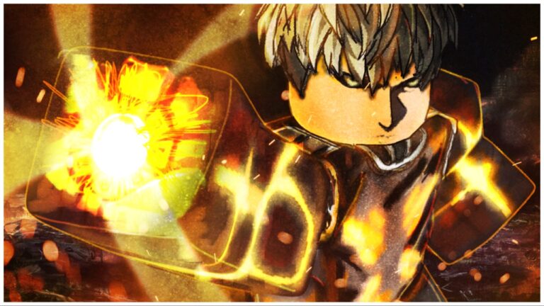 the image shows genos from OPM in a roblox style shroud in a yellow lighting as he extends his arm to the reader to fire off a projectile from his hand