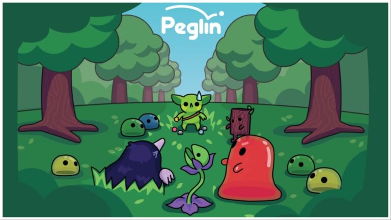 Peglin cover photo featuring blob shaped characters in a cutesy simple style. They are huddled in a forest and looking at one another. The main character, Peglin is stoof furthest away who looks like a chibi green goblin