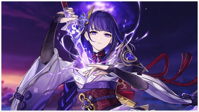 the image shows raiden from genshin impact who is facing the viewer with a purple aura surrounding her. One hand is extended over her chest and the other is pulling a shining purple weapon from the v-neck exposure of her cleavage