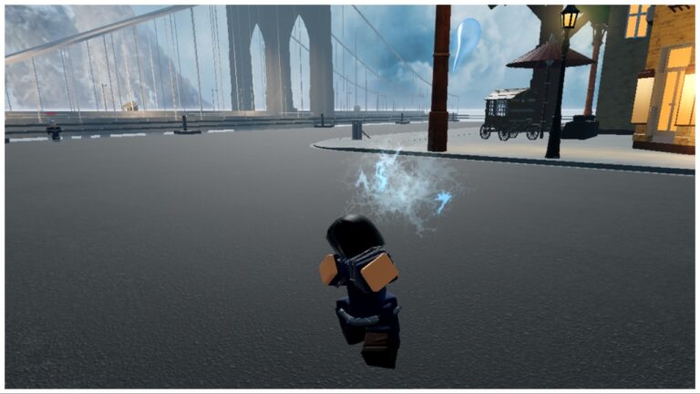 the image shows my avatar who is a water bender firing off a water projectile infront of her despite no enemy in sight (show off) you can see she is in the city with a long bridge in the distance