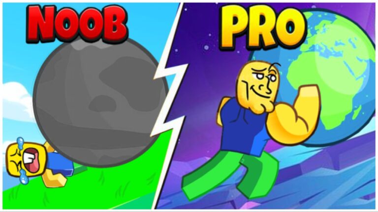 the image shows two characters pushing boulders up hills. The one on the left is struggling and being squished by the rock and is labelled as a noob whereas the one on the right is buff and pushing the entire earth whilst being named pro