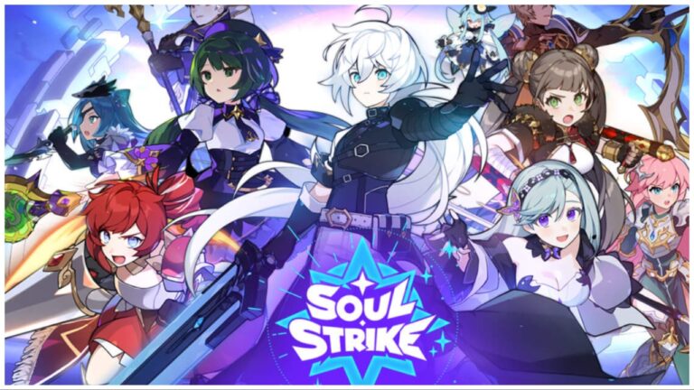 the image shows a man with long white hair extending a hand to the viewer. He is drawn in an anime like style and has a neutral expression. Behind him is an assortment of other characters though none are in frame enough to detail. Beneath him is the game logo in purple white and blue which reads SOUL STRIKE