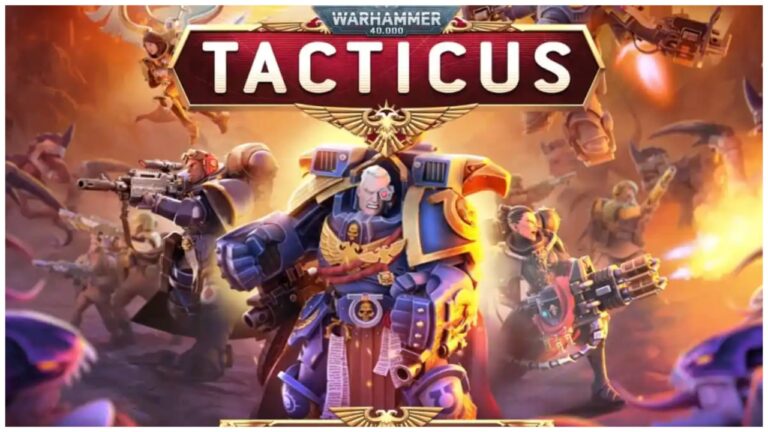 Poster for Warhammer 40000: Tacticus featuring characters engaged in battle. The title stands out on a bold red banner against an otherwise noisy backdrop.