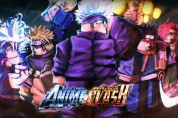 Key art from Roblox game Anime Clash. A range of anime characters are shown standing against a black background.