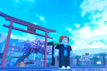 A character from Roblox game Anime Last Stand. In the background, a cherry tree and Torii gate can be seen. The sky beyond is bright blue and almost clear, apart from a few clouds.