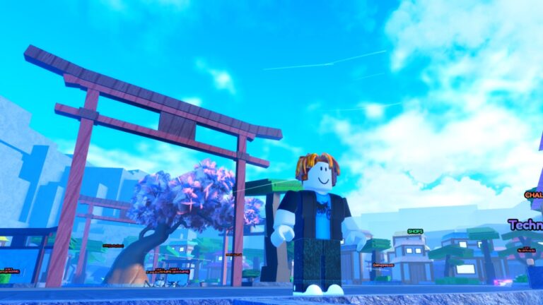 A character from Roblox game Anime Last Stand. In the background, a cherry tree and Torii gate can be seen. The sky beyond is bright blue and almost clear, apart from a few clouds.