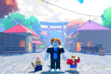 A character from Roblox game Anime Last Stand standing in a market square area.