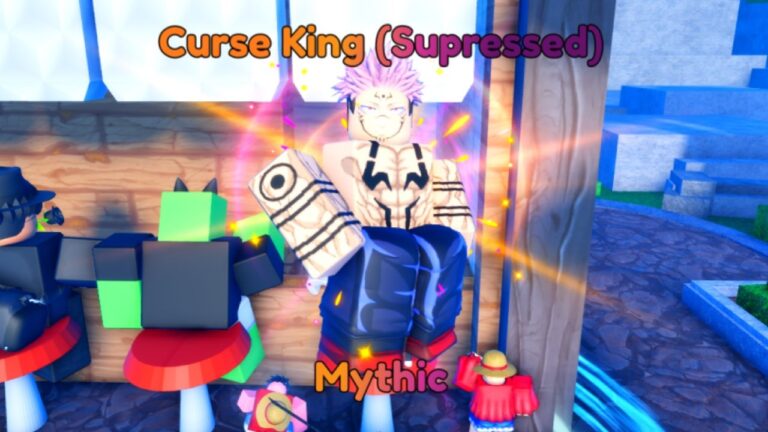 The Curse King (Suppressed) Unit from Roblox game Anime Last Stand/ It's name is written at the top, and it's rarity, Mythic, below. In the background, two characters are sitting on stools at a bar.