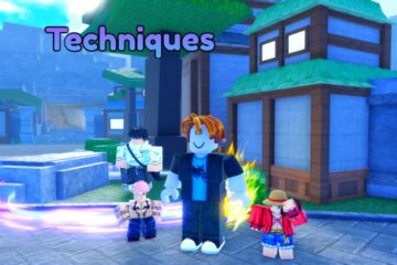 A character from the Roblox game Anime Last Stand. They're standing in front of a man in a pink circle, with the word 'Techniques' floating over his head. To his left, right, and rear are three small versions of popular anime characters.