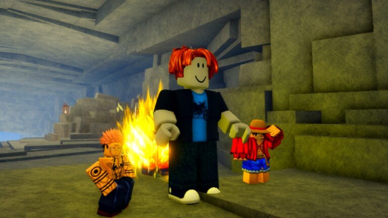A character from Roblox game Anime Last Stand. To their left, right, and rear are three Units, small versions of popular anime characters. In the background, a rocky cave.