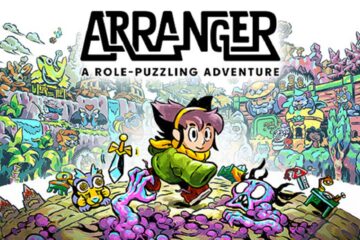 featured image for our news on Arranger A Role-Puzzling Adventure. It features a cute guy in a green hooded dress looking for objects on the ground. On the ground, we can see a bluish-purple molten monster.