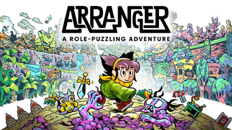 featured image for our news on Arranger A Role-Puzzling Adventure. It features a cute guy in a green hooded dress looking for objects on the ground. On the ground, we can see a bluish-purple molten monster.