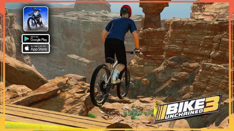 featured image for our news on Bike Unchained 3. We can see a biker riding downhill in the Grand Canyon.