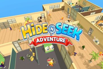 featured image for our news on Hide N Seek Adventure. It features the top view of a structure (house) without a roof. we can see people/creatures hiding in the nooks and corners. The logo of the game is in the middle of the image in red, blue, yellow and white.