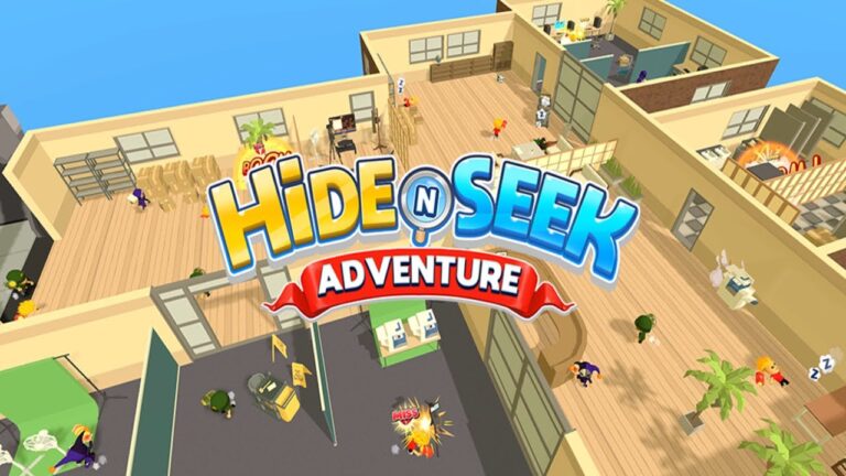 featured image for our news on Hide N Seek Adventure. It features the top view of a structure (house) without a roof. we can see people/creatures hiding in the nooks and corners. The logo of the game is in the middle of the image in red, blue, yellow and white.