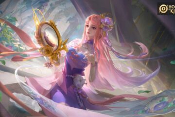 featured image for our news on Honor of Kings launch. it features a female character from the game dresses in a purple flowy gown and long pink hair. she is holding a golden weapon with her right hand.