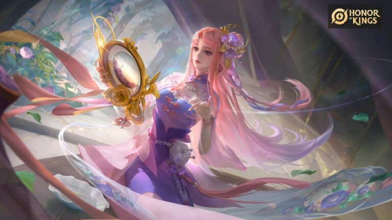 featured image for our news on Honor of Kings launch. it features a female character from the game dresses in a purple flowy gown and long pink hair. she is holding a golden weapon with her right hand.