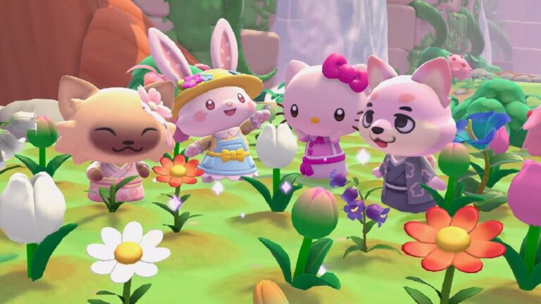 featured image for our news on Merry Meadow update. It features the Merry Meadow in Hello Kitty Island Adventure and Hello Kitty and her friends, including Wish me mell.