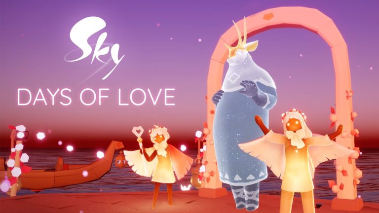 featured image for our news on Sky Days of Love. It features characters from the game, illuminated and spreading out their wings. It shows a small gate and twinkling stars