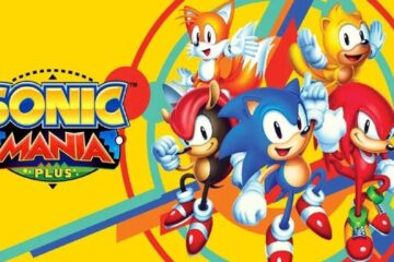 featured image for our news on Sonic Mania Plus . it features Sonic the hedgehog and his friends pumping fists and smiling/grinning. The background is dark mustard yellow. The logo of the game is on the left.