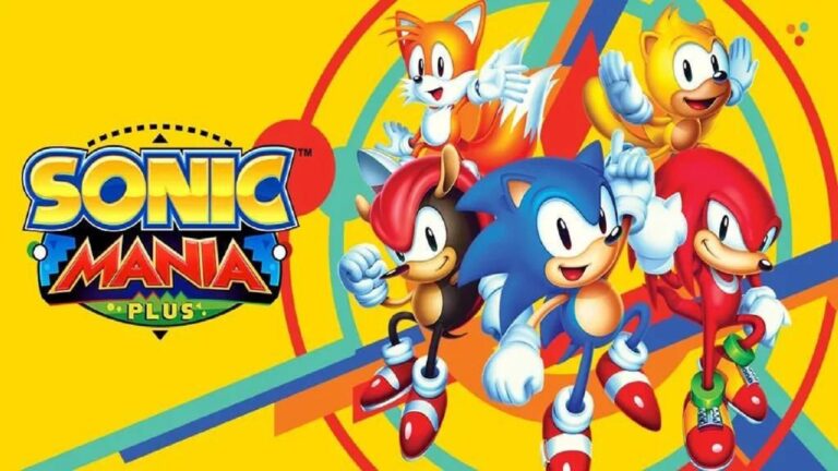 featured image for our news on Sonic Mania Plus . it features Sonic the hedgehog and his friends pumping fists and smiling/grinning. The background is dark mustard yellow. The logo of the game is on the left.