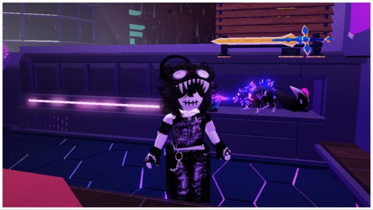 the image shows my avatar stood before a standee with a clean white and gold blade which stands out against a purple background.