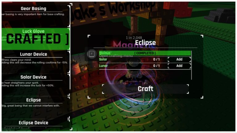 the image shows the crafted page from jakes workshop of eclipse which is the craftable aura in sols rng