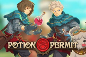 featured image for our news on potion permit on iOS. It features the chemist and the mayor's daughter and a bottle of pink potion in the air.