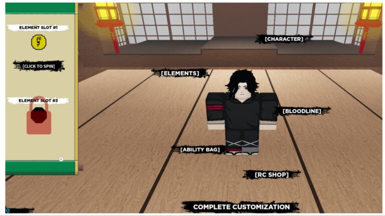 the image shows my avatar in the centre of the game with the spin for an element section off to the left