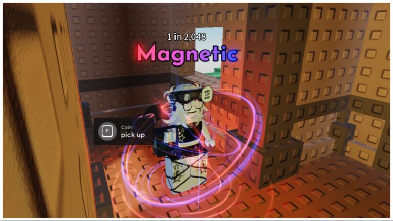 image shows my avatar stood inside a house with a magnetic aura and a glove on one hand. To her side on the floor is a prompt to pick up a coin