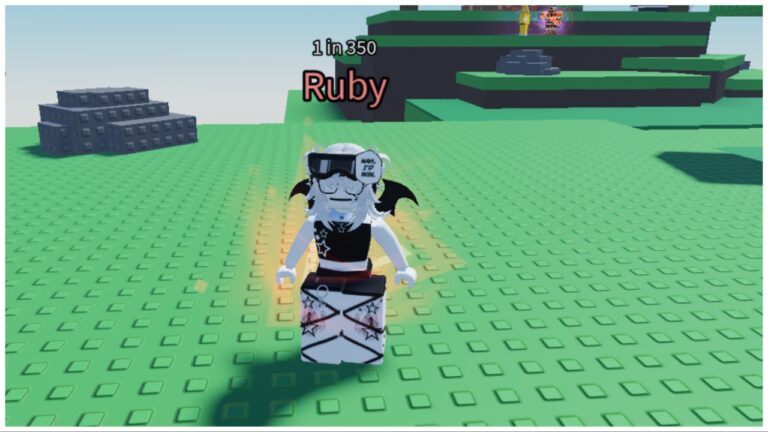 the image shows my avatar stood on a lego-like grassy brick flat land with the rage aura equipped which emits a red particle effect from my avatar