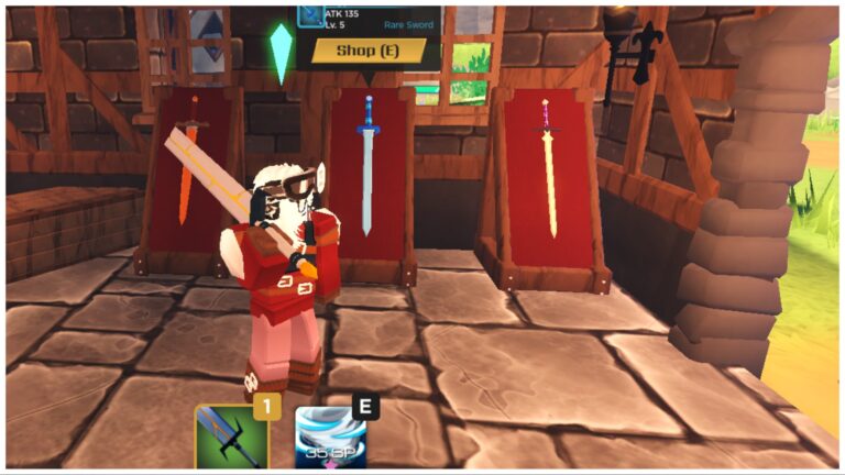 the image shows my avatar stood within the first weapons store of the game where swords are adorned to the wall behind her