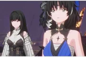 the image shows two female characters with dark hair and layered clothes stood against a gloomy purple sky. They each have a neutral expression on their face and are looking ahead past the viewer