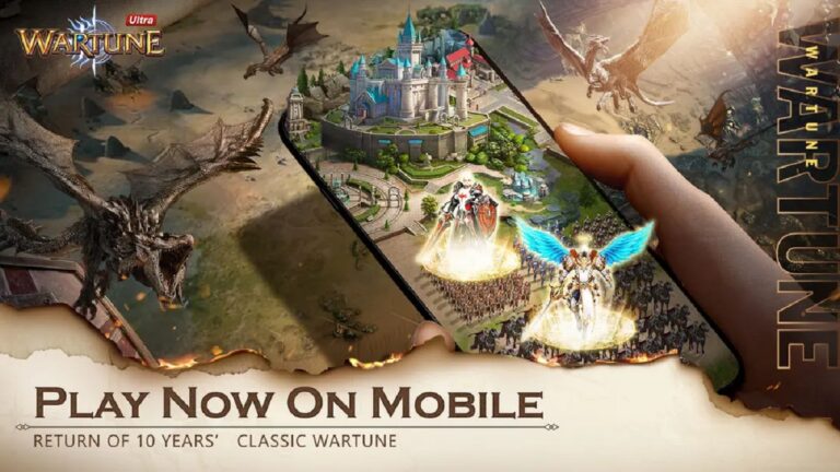 Featured image for our news on Wartune Ultra. It features a hand that's holding a phone and the game has emerged out of the phone. We can see characters flying out and a castle popping out of the phone screen.