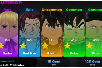 The image shows the summoning page from Anime Rangers which has multiple units with different coloured glows indicating their rarity