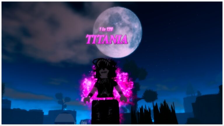 The image shows my avatar stood before a full rising grey moon with the titania aura which encases her in a pink clouded shining aura