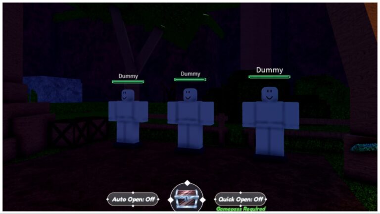 The image shows a line of three dummys which are plain white punching bags in the blocky roblox avatar shape. The image is taken at night time so not many other details are visible except shrubs behind the dummys
