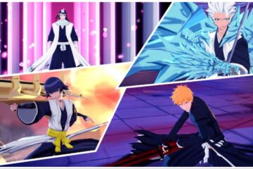 The image shows a 4 way collage with 4 main characters from the series but in the 3D style of the game. Each character is surrounded by a different coloured aura with different intensity