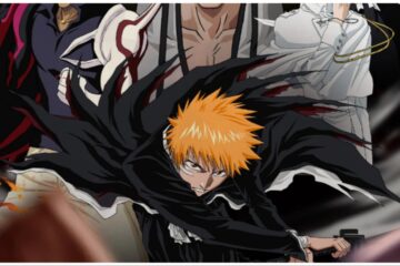 the image shows the main character from bleach the anime, and the bleach soul reaper game. He has a determined expression and spiked ginger hair as he lunges towards the viewer with a blade in hand