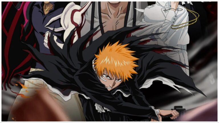 the image shows the main character from bleach the anime, and the bleach soul reaper game. He has a determined expression and spiked ginger hair as he lunges towards the viewer with a blade in hand