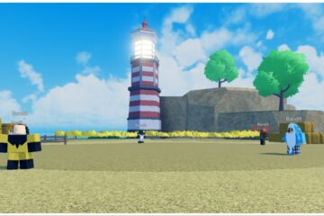 The image shows a lighthouse on a beach edge with a bunch of bandits scattered around between the lighthouse and camera