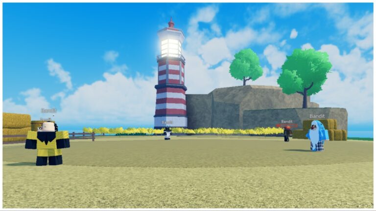 The image shows a lighthouse on a beach edge with a bunch of bandits scattered around between the lighthouse and camera
